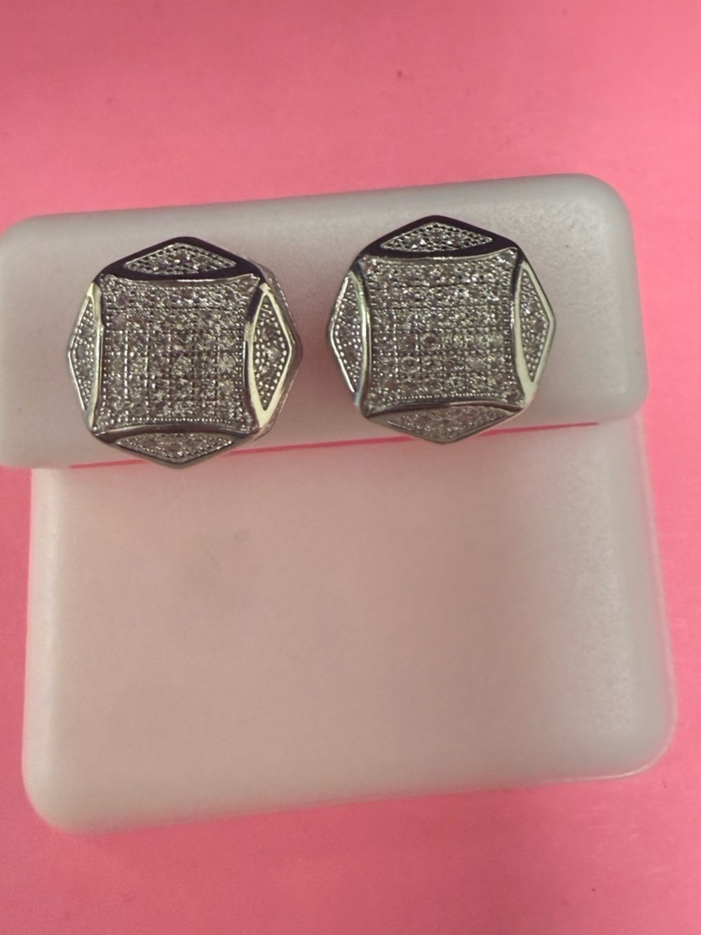 Silver Tone Pave Square Octagon CZ Stud Earrings